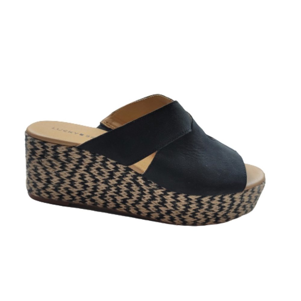 Lucky Brand Black Leather Espadrille Platform Slide